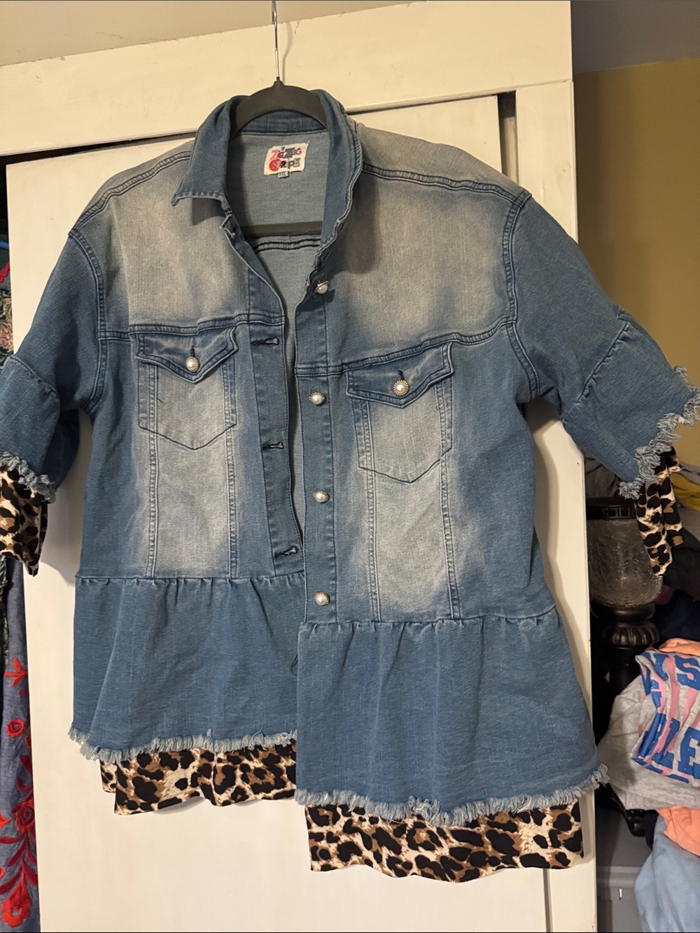 Light Blue Denim Peplum Jacket with Frayed Hem